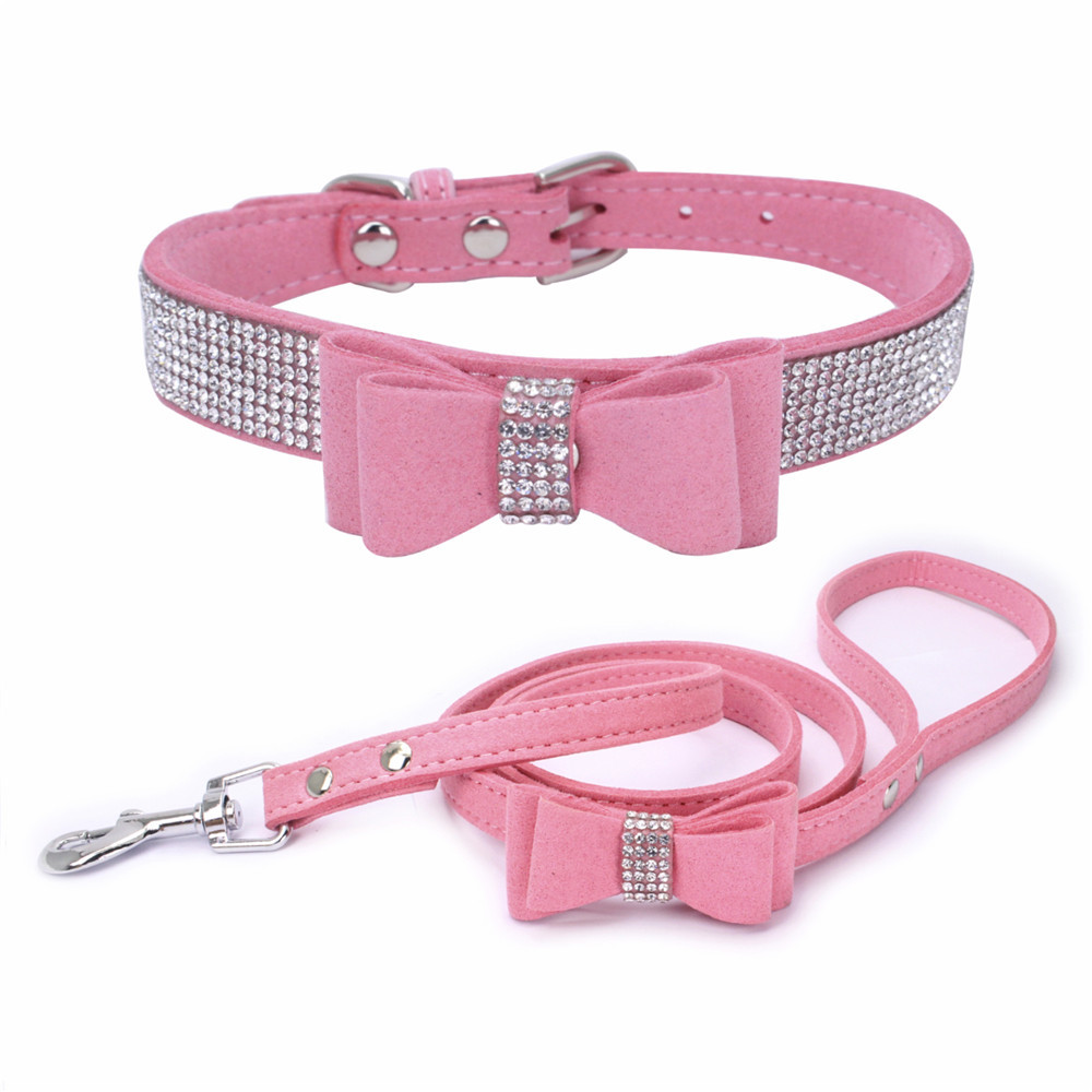 Justerbar Crystal Puppy Bling Rhinestones hundekrage med slips