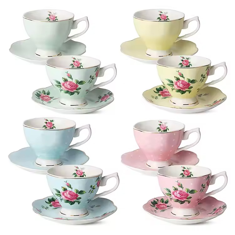 Bone China Floral Latte Multi-Color Tea Cups and Saucers Sets
